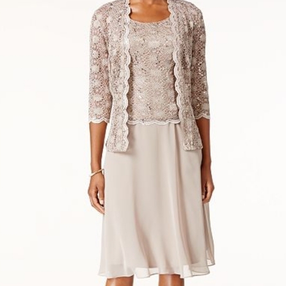 R&M Richards 2 pc champagne lace and sequin dress and jacket NWT - Picture 2 of 9